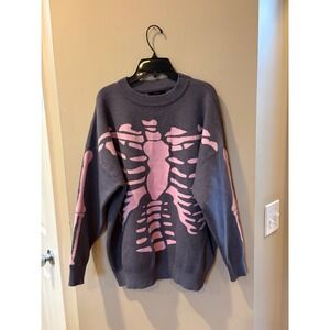 Forever 21 Womens Oversized Skeleton Graphic Sweater Grey Pink Crewneck Small
